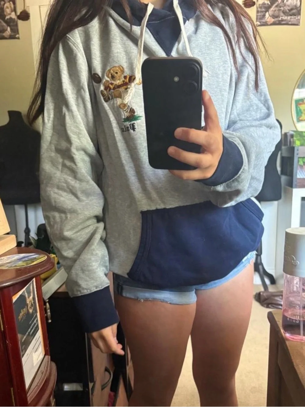 Polo by Ralph Lauren Gray and Navy Hooded Sweatshirt with Embroidered Bear